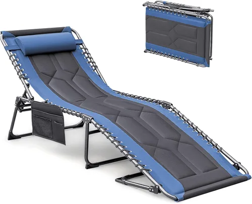 Devoko Silla reclinable plegable portátil acolchada de 4 pliegues para exteriores de servicio pesado con almohada y bolsillo lateral para patio, Azul