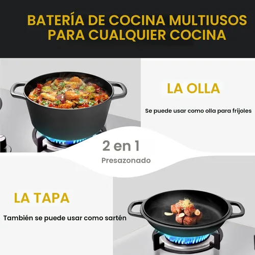 Miniatura 4 de EDGING CASTING Olla holandesa de hierro fundido pre-curada 2 en 1 con tapa de sartén para cocinar, juego de sartenes de hierro fundido con asas