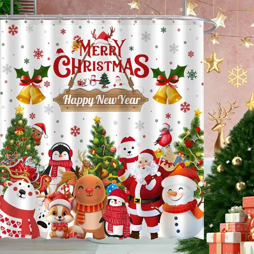 Miniatura 10 de JWXCBIM - Cortina de ducha de Navidad Feliz Navidad y Feliz Año Nuevo, decoración para el hogar de Papá Noel y muñeco de nieve, cortina de baño