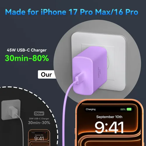 Miniatura 4 de Cargador para teléfono 17 16 Pro Max de carga rápida, bloque de carga USB C súper rápido de 45 W con cable de carga rápida extra largo de 10 pies