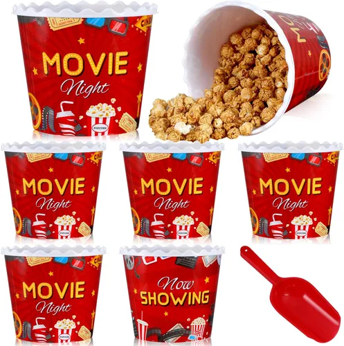 Roshtia 6 recipientes de plástico para palomitas de maíz, cubos reutilizables, cajas de palomitas de maíz de 75 onzas, cuenco con cuchara, estilo