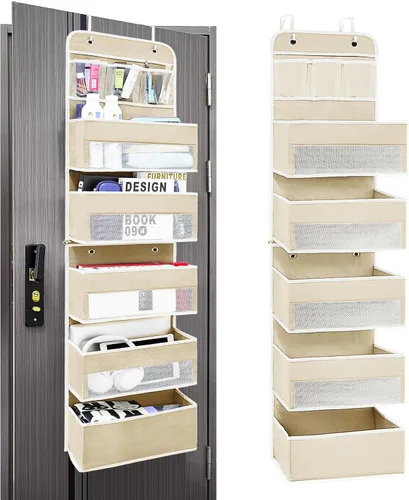 Miniatura 10 de Organizador sobre la puerta con 4 bolsillos laterales de malla, capacidad de peso de 44 libras para colgar detrás de la puerta, almacenamiento Gris