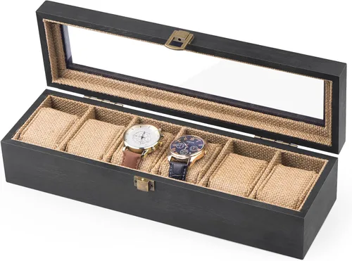 Alsonerbay Caja de reloj con 6 ranuras para hombres y mujeres, organizador de reloj negro, soporte de almacenamiento de madera con cerradura para