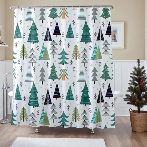 Cortina de ducha de árbol de Navidad de 72 x 72 pulgadas, verde azulado, árbol de Navidad, copo de nieve, fondo blanco, festival, vacaciones,