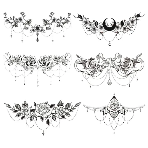 6 hojas de tatuajes temporales para mujeres y niñas, impermeables, tatuajes falsos de flores de rosas, tatuajes sexys debajo del busto, joyería