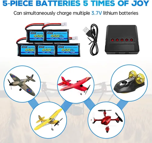 Miniatura 2 de 5 baterías Lipo de 3.7 V 450 mAh 30C con cargador 5 en 1 enchufe Molex compatible con la mayoría de drones RC, aviones de cuatro ejes y modelos