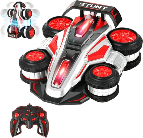 Autos RC, auto RC de 2.4 GHz, rápido, acrobacias, 4WD, giro 360°, camiones RC con luces y música, camión de acrobacias todoterreno de alta