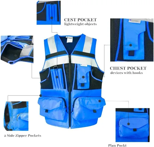 Miniatura 4 de SUXIBIP - Chaleco de seguridad de 10 bolsillos para hombres y mujeres, chaleco de alta visibilidad con tiras reflectantes 3M, tela Oxford Azul