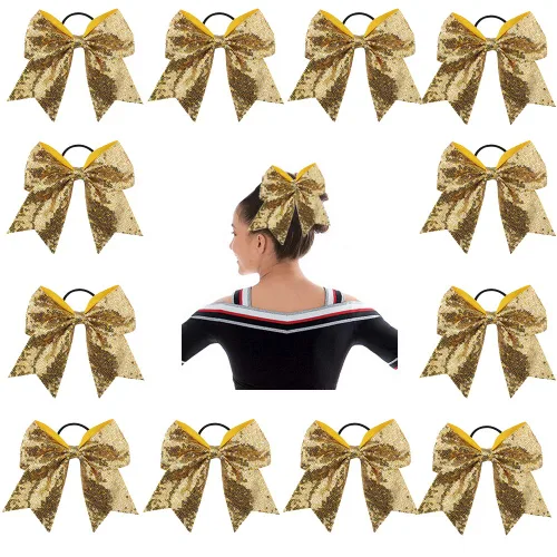 Miniatura 13 de Oaoleer 12 lazos grandes con purpurina para el pelo de 7 pulgadas, banda elástica hecha a mano para animadoras, adolescentes, niñas, deportes Negro