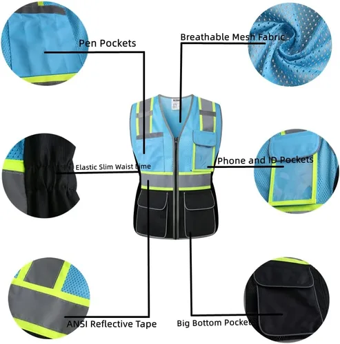 Miniatura 6 de Chaleco de seguridad para mujer, múltiples bolsillos, de alta visibilidad, reflectante, malla transpirable, chaleco de trabajo para dama, cremallera