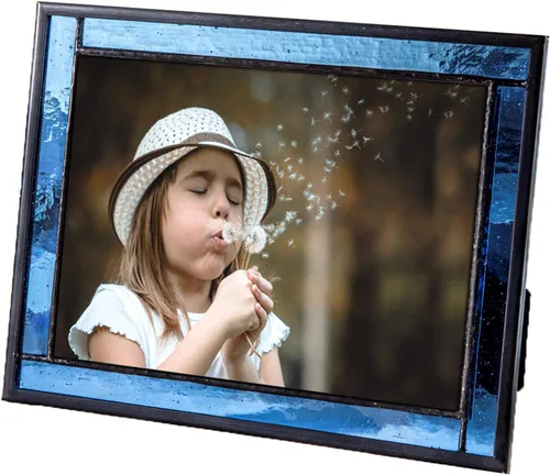 J Devlin - Marco de fotos de vidrio de 5 x 7 pulgadas, marco de fotos de vidrio azul, pantalla de mesa, horizontal o vertical, decoración decorativa