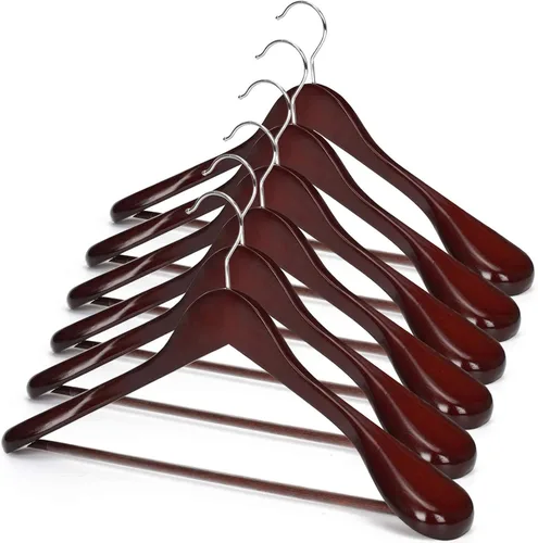 Miniatura 8 de JS HANGER Perchas de madera para trajes, paquete de 6 perchas de madera extra anchas con barra antideslizante para pantalones, acabado natural extra