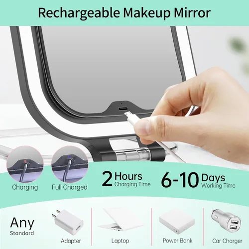 Miniatura 6 de FASCINATE Espejo de maquillaje de viaje recargable con aumento de 30X, espejo de tocador portátil iluminado de 7 pulgadas con iluminación de 3