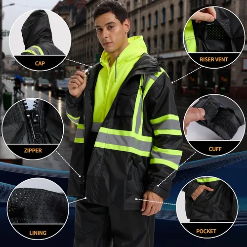 Miniatura 4 de SRsafety Equipo de lluvia de alta visibilidad, equipo de lluvia de trabajo de alta visibilidad clase 3 para hombres, trajes de lluvia de construcción