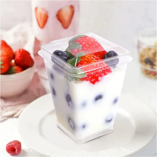 Miniatura 4 de EASERCY Paquete de 100 tazas de postre de plástico de 5 onzas con tapas, taza de yogur para parfait/aperitivo con tapas para fiestas, mini tazas