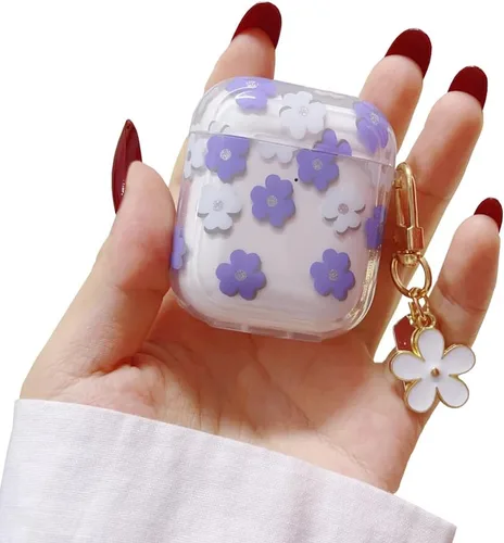 Funda para AirPods de 2ª/1ª generación con llavero, bonita funda protectora para auriculares con flores moradas y flores, TPU suave y transparente