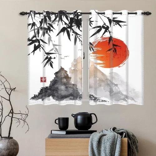 Miniatura 189 de Cortinas japonesas con pintura de tinta, monte Fuji, sol rojo, puesta de sol, hojas de bambú, cortinas de ventana para dormitorio, sala de estar