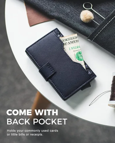 Miniatura 6 de VULKIT Cartera desplegable con ranuras de cuero, bloqueo RFID, funda de metal delgada para tarjetas