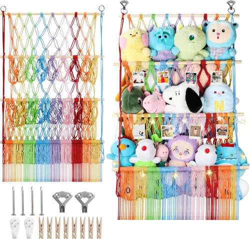 Miniatura 16 de Red de almacenamiento de animales de peluche de 2 niveles, 17 x 32 pulgadas, organizador grande de animales de peluche para pequeños rellenos
