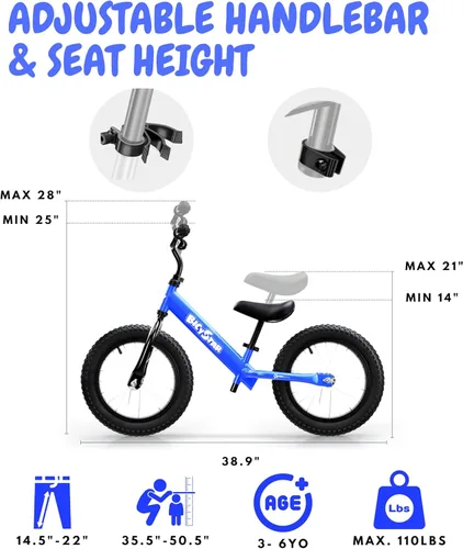 Miniatura 2 de Bicystar Bicicleta de equilibrio de 14 pulgadas para niños de 3 a 6 años, sin pedales, neumáticos de goma neumática, altura ajustable, bicicleta sin