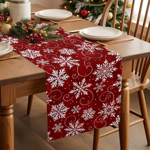 Miniatura 2 de Camino de mesa de copos de nieve rojos de 36 pulgadas de largo para decoración de mesa de comedor, camino de mesa de lino de algodón lavable, camino