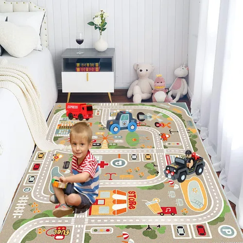 Miniatura 5 de Alfombra de juegos para niños, alfombra de juego para autos de juguete y trenes, alfombra de área de juegos con respaldo de goma, alfombra