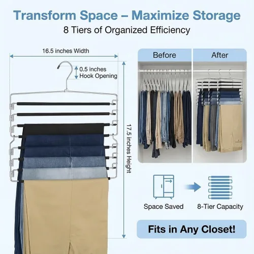 Miniatura 4 de USTECH Perchas de 8 niveles para pantalones (juego de 2) Percha de columpio de varios niveles con acolchado de espuma y brazo extraíble Perchas