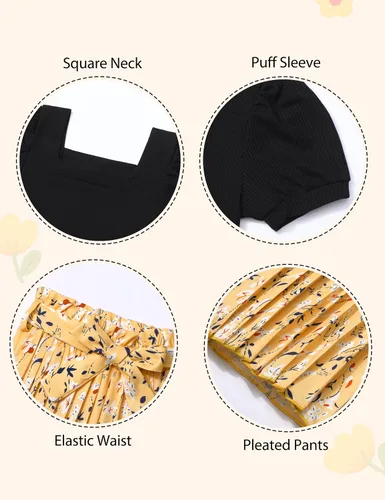 Miniatura 10 de DONWEN Conjunto de 3 piezas de ropa para niñas pequeñas y niñas con cuello cuadrado + pantalones elegantes + diadema para primavera y verano