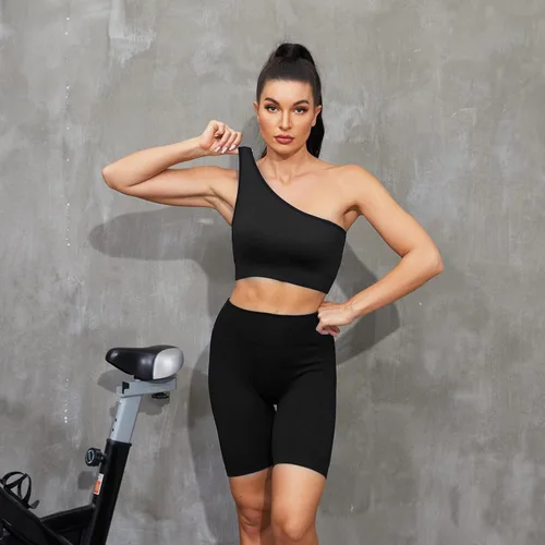 Miniatura 2 de Plubedo Conjuntos de entrenamiento para mujer, 2 piezas, acanalados, sin costuras, con un hombro, de cintura alta, para yoga, conjunto deportivo