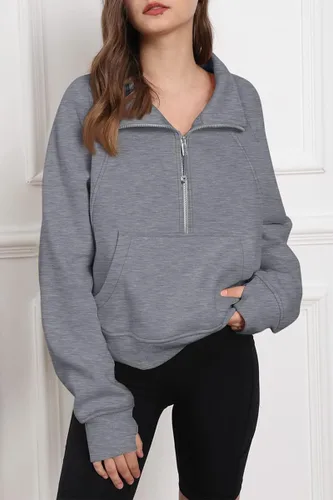 Miniatura 2 de Trendy Queen Sudadera corta con media cremallera para mujer, sudadera de forro polar con cremallera de un cuarto, ropa de invierno, suéter