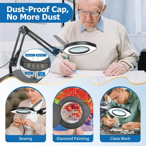 Miniatura 6 de Lupa de 15X 30X con luz y soporte, lámpara de escritorio LED con base y abrazadera, 5 modos de color, 10 niveles regulables, lupa manos libres