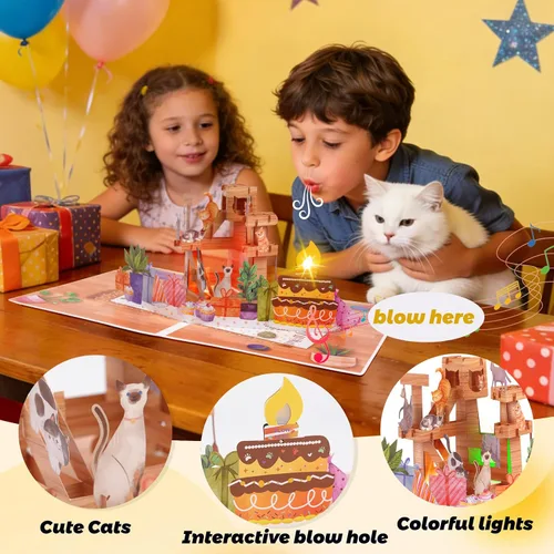 Miniatura 3 de Tarjeta de cumpleaños de gato desplegable 3D con canción de miau, velas sopladas y luces coloridas, bonito regalo sorpresa para niños, niñas, hijo