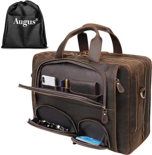 Miniatura 8 de Augus Maletín de viaje de negocios de cuero genuino bolsas de lona para hombres bolsa de portátil se adapta a 15.6 pulgadas portátil