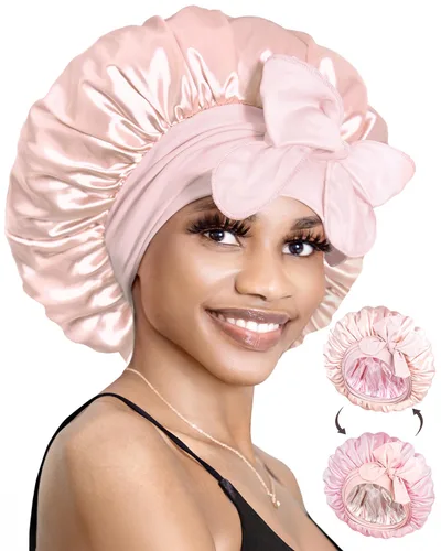 Miniatura 14 de BONNET QUEEN Gorro de seda para dormir, gorro de satén con lazo para el cabello, doble capa, para mujeres, cabello rizado, color marrón
