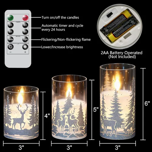 Miniatura 7 de Velas de Navidad sin llama con calcomanías de reno plateado, paquete de 3 velas LED de vidrio a pilas con temporizador remoto, velas de pilar