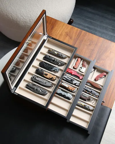 Miniatura 4 de Estuche Expositor de Cuchillos de Bolsillo para Hombre, Juego de Cuchillos Plegables de 22-26 Pulgadas con Acabado de Nogal, Organizador de Walnut