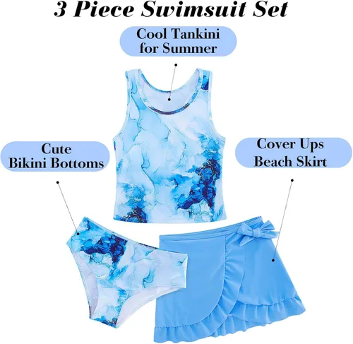 Miniatura 5 de Traje de baño tankini de 3 piezas para niñas, lindo bikini con salida de baño con falda de playa de 5 a 16 años