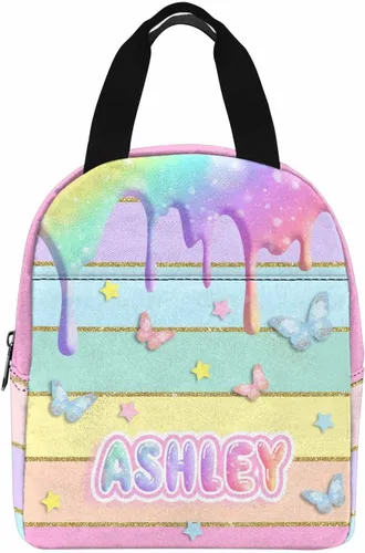 Miniatura 28 de InterestPrint Bolsa de almuerzo con nombre personalizado para hombres y mujeres, diseño de mariposa rosa y azul personalizada, caja de almuerzo
