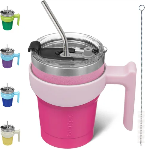 Miniatura 45 de BJPKPK Vaso con asa de acero inoxidable de 20 onzas, con aislamiento de doble pared, con tapa y pajita, color rosa claro A-rosa claro
