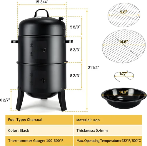 Miniatura 6 de Parrilla vertical para ahumar carbón de 32 pulgadas, parrilla de barbacoa resistente con termómetro integrado, parrilla 3 en 1 y ahumador, olla