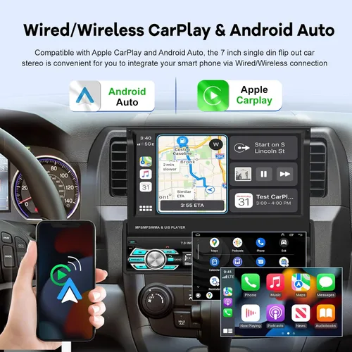 Miniatura 2 de Estéreo de coche con pantalla abatible Single Din con Carplay inalámbrico y Android Auto, pantalla táctil de 7 pulgadas, 1 Din, compatible