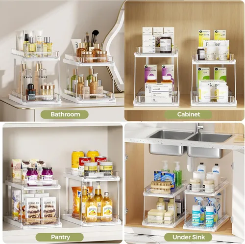 Miniatura 7 de Delamu Organizadores y almacenamiento de 2 niveles para debajo del fregadero, cajones extraíbles con diseño antideslizante, almacenamiento multiusos