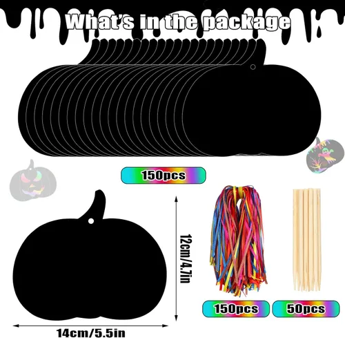 Miniatura 2 de Jenaai Juego de 150 manualidades de papel de Halloween para rascar, 50 tarjetas de rascar de calabaza, 50 palos de madera, 150 cintas para arte