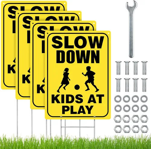 Zonon 4 letreros de seguridad para niños en juego con alambre de metal con estacas en H de precaución para niños en el juego, letreros reflectantes