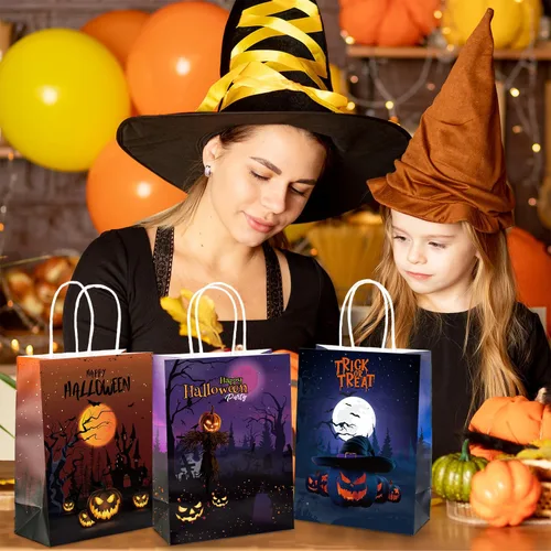 Miniatura 6 de BLEWINDZ 24 bolsas de regalo de papel de Halloween con pañuelos, bolsas de golosinas de Halloween con asa para truco o trato y recuerdos de fiesta