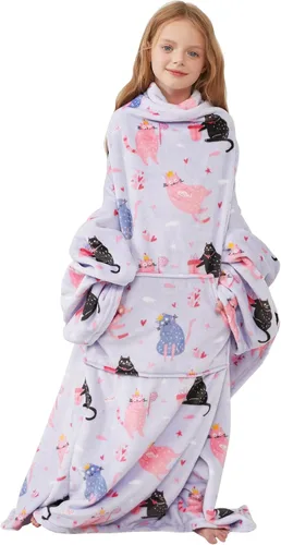 Miniatura 2 de Softan Manta de forro polar para niños con mangas y bolsillo para el pie para niños y niñas, manta ligera y suave, diseño de gato
