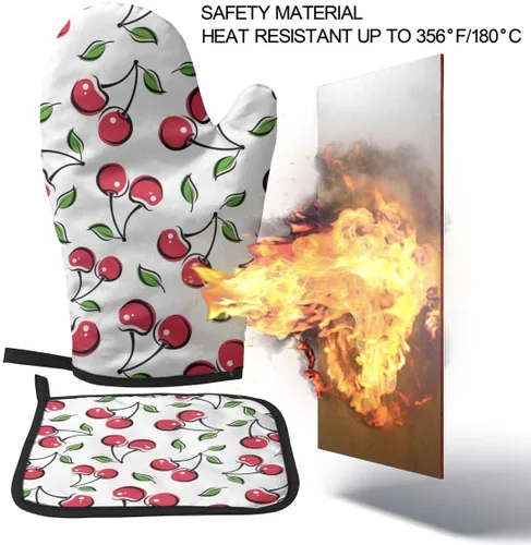 Miniatura 6 de Juego de 2 guantes de horno y soportes para ollas de cereza roja, resistentes al calor, con superficie antideslizante para una barbacoa segura
