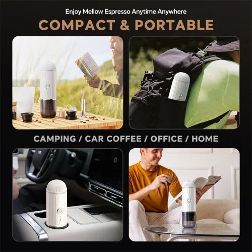 Miniatura 7 de Máquina de café espresso eléctrica portátil compatible con cápsula Nespresso, cafetera de viaje para acampar con café molido, cafetera de auto Blanco