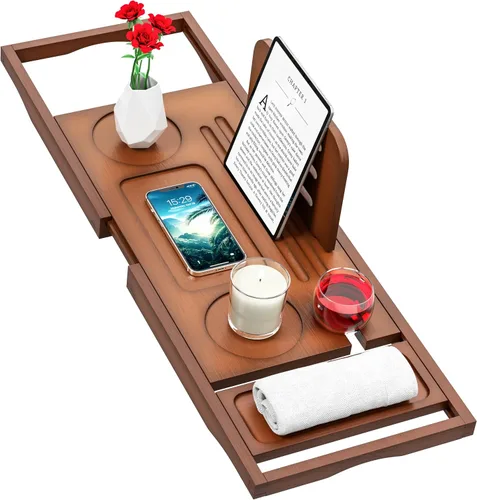 Miniatura 8 de Bandeja de bañera de alta calidad – Bandejas de baño de madera de bambú expandibles para bañera – Bandeja de mesa de bañera para bañera/bañera