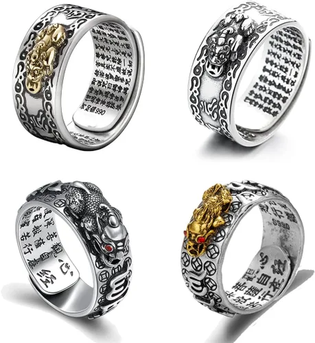 Miniatura 9 de JILIYUPA 4 anillos de Feng Shui Pixiu, amuleto budista de buena suerte, doble protección, riqueza, amor, salud, regalo para hombres y mujeres